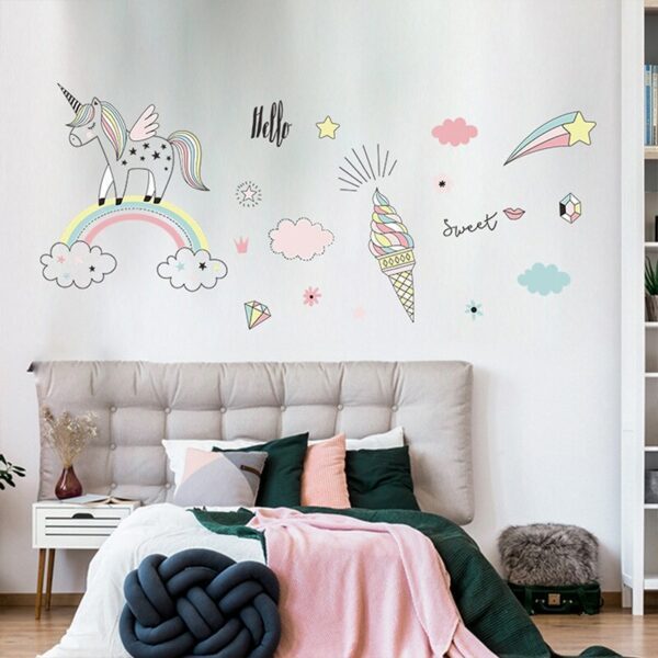קריקטורה יד מצוירת קשת unicorn מדבקות קיר גן ילדים חדר רקע קיר מדבקת ציורי קיר לילדים קיר תפאורה