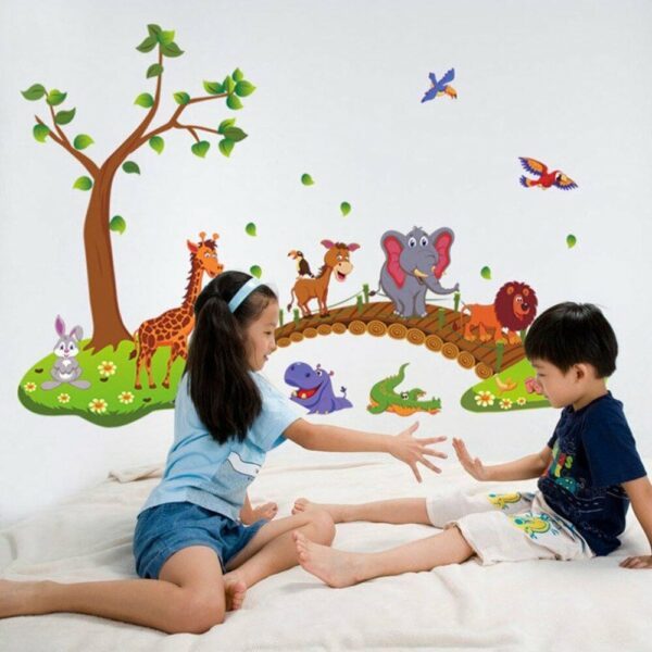 Kawaii גדול ג 'ונגל חיות גשר PVC קיר מדבקות טפט לחדר שינה לילדים מדבקות ילדים משתלת חדר שינה קישוט