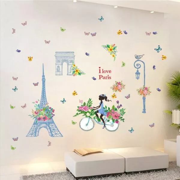 רומנטי פריז קיר מדבקה לילדים חדרי אייפל מגדל פרח פרפר פיות ילדה רכיבה קיר אמנות מדבקות בית תפאורה