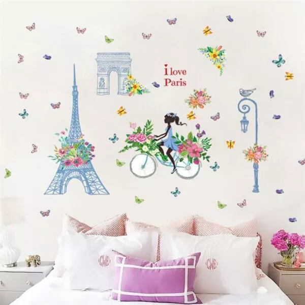רומנטי פריז קיר מדבקה לילדים חדרי אייפל מגדל פרח פרפר פיות ילדה רכיבה קיר אמנות מדבקות בית תפאורה
