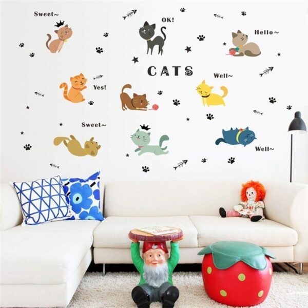 צבעוני חמוד חתולי משחק קיר מדבקות לילדים חדרי ילדים חדר שינה קיר מדבקות קריקטורה עיצוב הבית משתלת חדר דקור