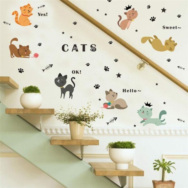צבעוני חמוד חתולי משחק קיר מדבקות לילדים חדרי ילדים חדר שינה קיר מדבקות קריקטורה עיצוב הבית משתלת חדר דקור