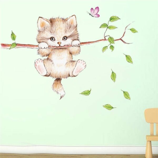 חמוד חתול פרפר עץ סניף קיר מדבקות עיצוב הבית קריקטורה בעלי החיים קיר מדבקות diy פוסטרים pvc קיר אמנות