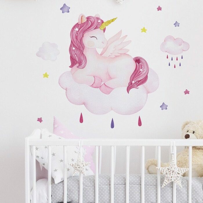 מחייך Unicorn קיר מדבקות לילדים חדר בנות חדר רקע קיר דקור נשלף ויניל לחדר ילדים בית תפאורה