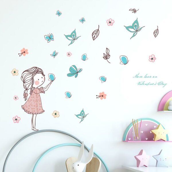 Huiran ילדה עף פרפר קיר מדבקות לילדים חדרים בנות עיצוב הבית Cartoon מדבקות חדר ילדים טפט